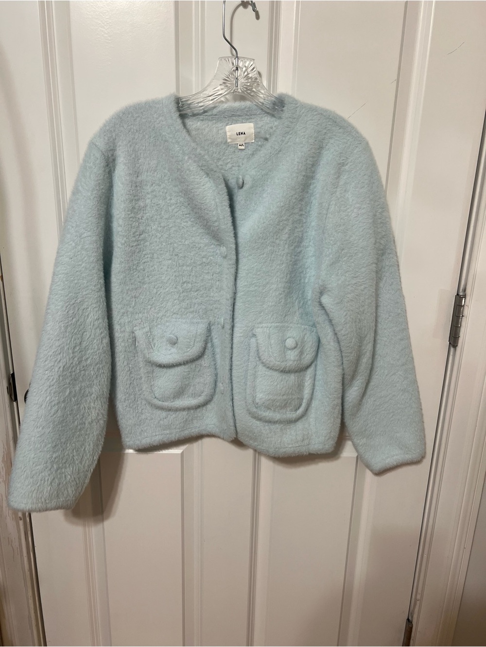 Lena Light Blue Plush jacket with Pocket Flaps